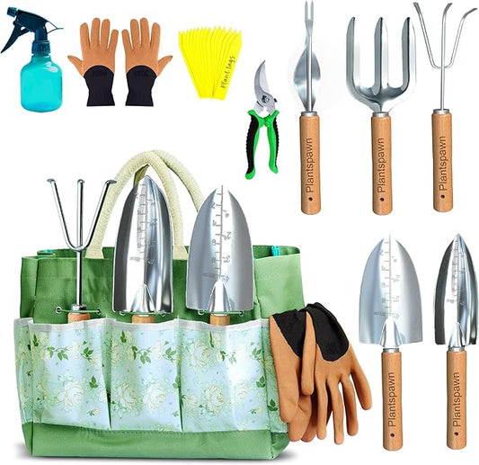 9 PCS Gardening Tools Set with Bag | Heavy-Duty Rust-Proof Hand Tools with Wooden Handles Including 15 Plant Tags | Ideal Gift for Women, Men, Mom, Dad & Gardeners