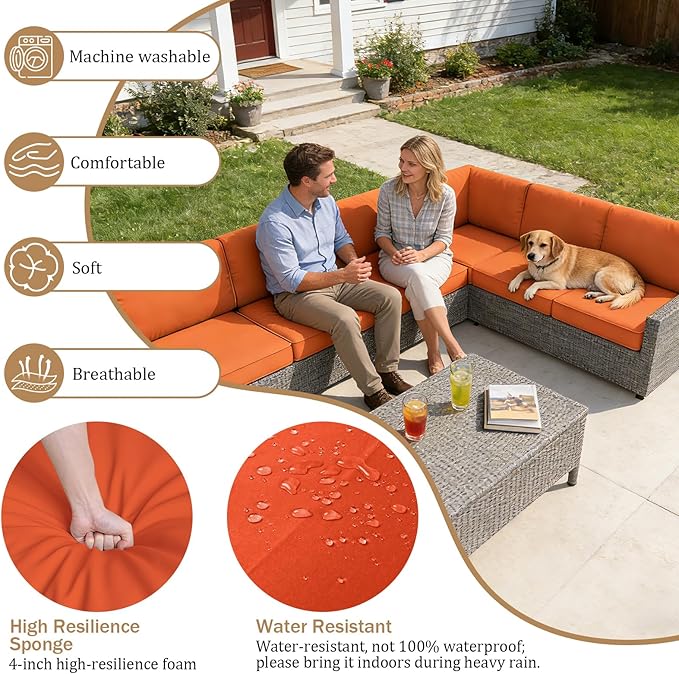 14 Pcs Outdoor Replacement Cushions for Patio Furniture, All Weather Water Resistant Cushion for 6 Seat Rattan Wicker Sectional Patio Conversation Sets and Couch (Orange)