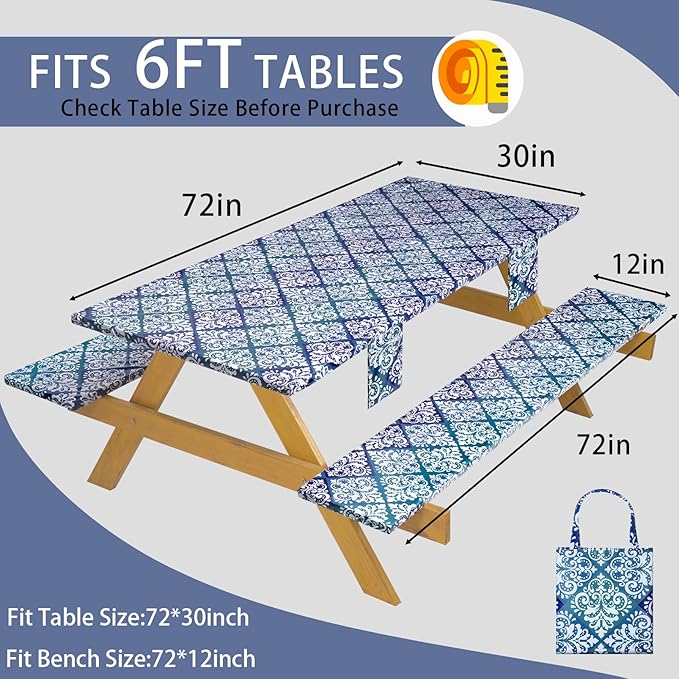 Fitted Waterproof Picnic Table Cover with Bench Covers Elastic Reusable Camping Table Cloths for 6Ft Rectangle Tables Summer Camp Motorhome Party Gear Outdoors Car Travel Trailer Gadgets Gift