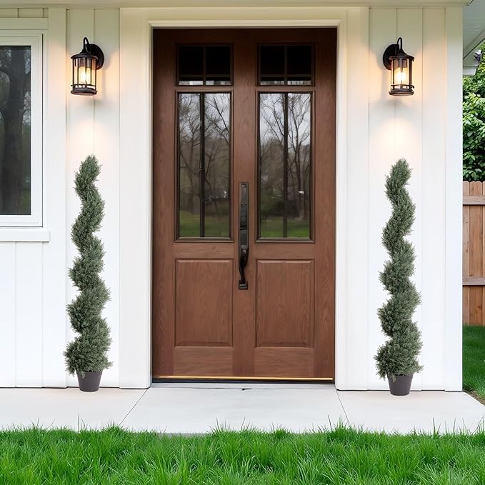 THE BLOOM TIMES 5ft Spiral Artificial Topiary Trees Set of 2, Faux Cedar Trees for Outdoor Planters - Fake Twist Cypress Plants for Garden Front Porch Indoor Outside Christmas Decor 5 Foot