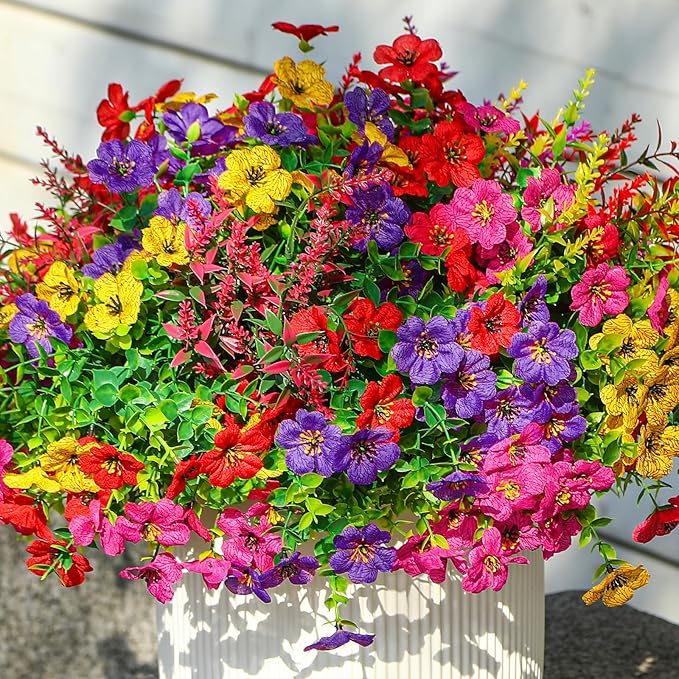 SHareconn 24 Bundles Artificial Flowers for Outdoors Decoration, Faux Plants Fake Silk Colorful Daisy Eucalyptus Lavender, UV Resistant for Outside Home Porch Indoor Spring Decor, RedRosyPurpleYellow