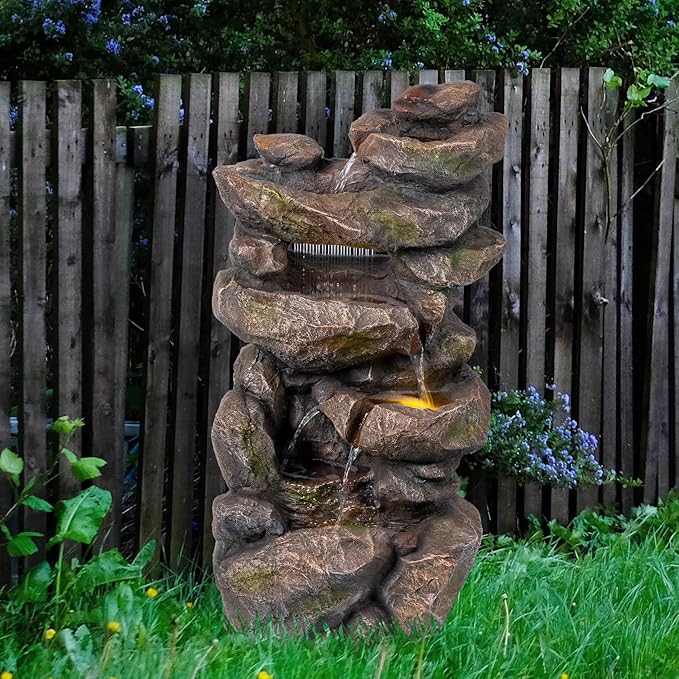 Ferrisland 31.5” Outdoor Rock Waterfall Fountain – 5-Tier Rustic Cascading Water Feature with LED Lights | Relaxing Flow & Ambient Glow for Garden, Patio, Yard | Stylish Home Decor Idea