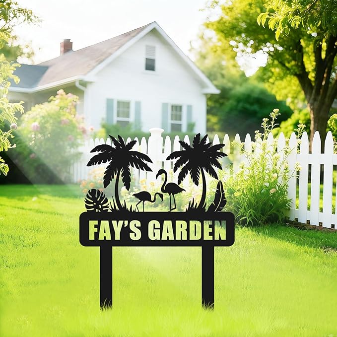 Personalized Metal Garden Sign, Custom Flamingo Decor with Stake, Palm Tree Metal Yard Art, Garden Name Sign,Outdoor Decor,Patio Decoration,Home Present,Gardeners & Planters Gift