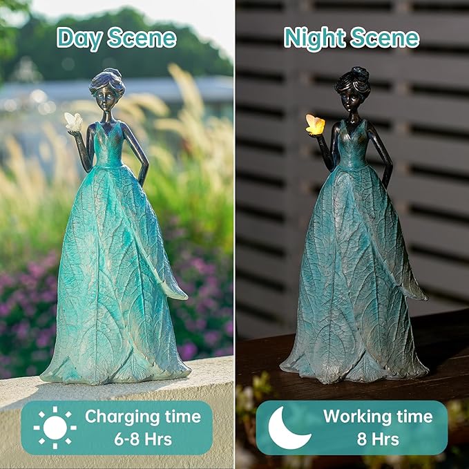 Solar Fairy Statue Collection Home Decoration 12.9 in - Leaf Angel Girls Resin Home Garden Decor for Outside or Inside Rustic Fairy Garden Outdoor Yard Figurines Gifts for Women