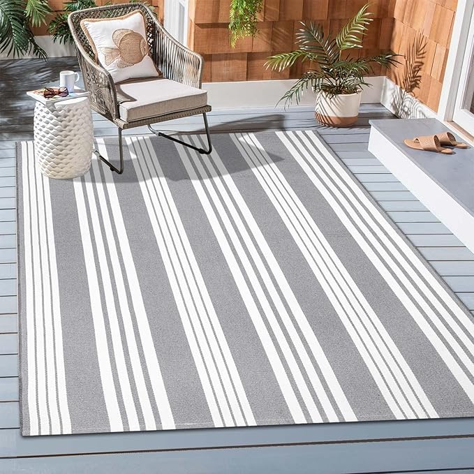OJIA Outdoor Area Rug 4'x6', Gray and White Outdoor Rug Machine Washable Patio Rugs Cotton Hand Woven Entryway Rug Indoor Outdoor Rugs for Bedroom Living Room Porch Decor Deck Backyard Camping