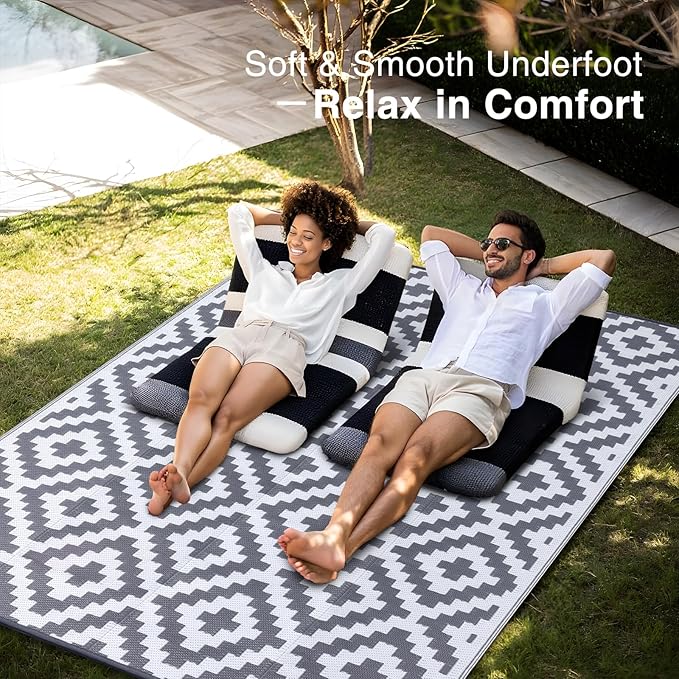 OLANLY Waterproof Outdoor Rug 9x12 ft, Outdoor Plastic Straw Rug for Camping, RV Mat Outside, Outdoor Carpet for Porch, Deck, Backyard, Balcony, Picnic, Grey & White