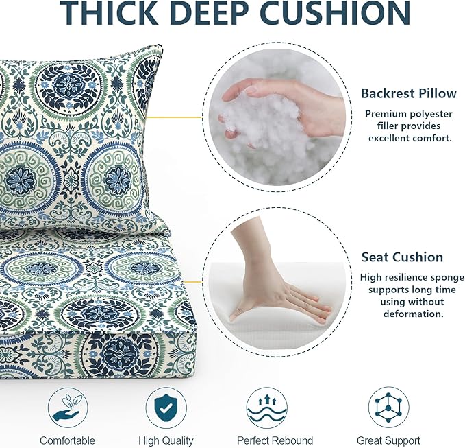 Outdoor Deep Seat Cushion Set, Water Repellent 24"x24" Patio Thick Cushions Replacement with Seat & Back Pillow for Patio Sofa, Wicker Chair, Couch - Wreath Blue