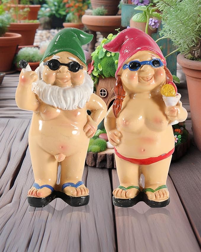 Set of 2 Funny Naked Gnomes Statues - Durable Resin 4.7'' Garden Gnome Figurines Perfect for Indoor and Outdoor Decor - Gnomes Gifts for Women Man (Oval)