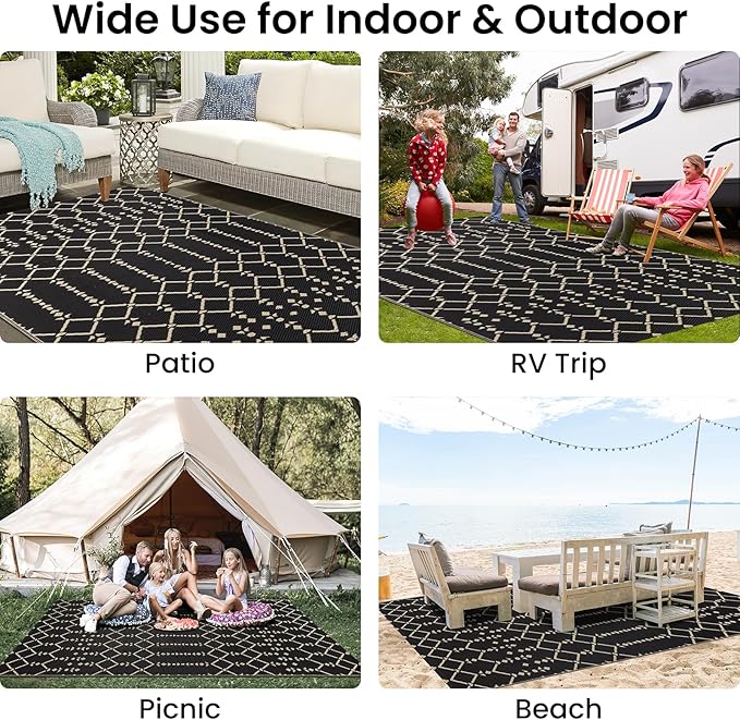 Smiry Outdoor Rug 5x8 ft, Waterproof Reversible Plastic Straw Rugs, Boho Outdoor Area Rug, Outside Floor Mat for Patio, Backyard, Deck, Picnic, Camping, Beach, Champagne