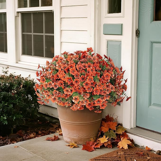 Artificial Flowers for Outdoor Fall Decoration-Faux Flower Petunia with Eucalyptus Fake Plants Boxwood for Front Door Planter Home Garden Porch Patio Thanksgiving Autumn Decor-24 Bundles (Orange)