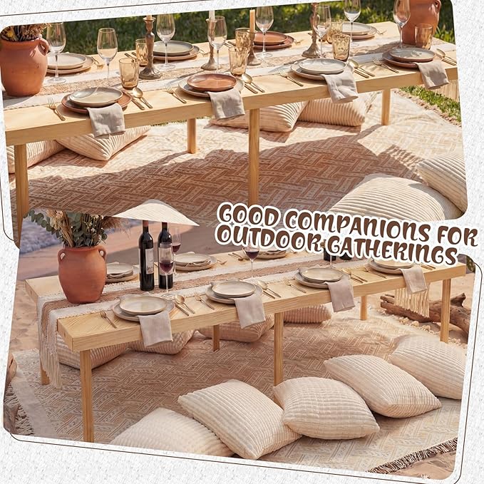 Novabright 9 Pcs Picnic Set Folding Table 30'' x 60'' Extra Large Outdoor Boho Picnic Blanket 91'' x 71'' Beige White Table Runner 6 Throw Pillow Cover Oversize Beach Blanket Washable for Camp Wedding