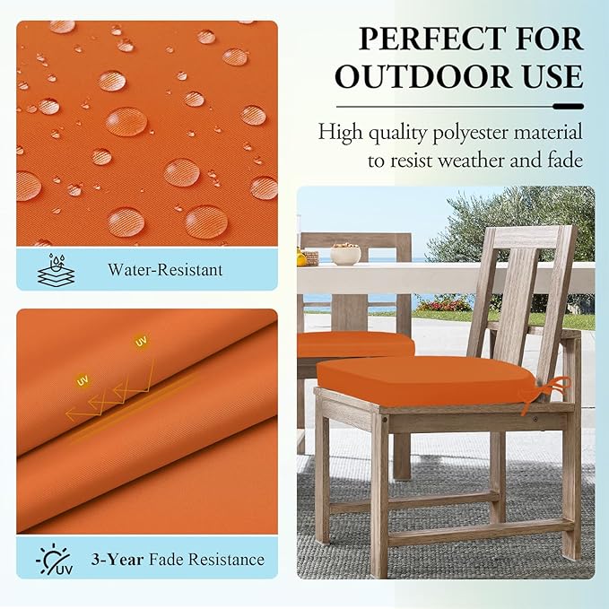 Wellsin Outdoor Chair Cushions for Patio Furniture, 3-Year Color Fastness Patio Chair Cushions Set of 2, Water Resistant Round Corner Outdoor Seat Cushions 17"X16"X2", Orange