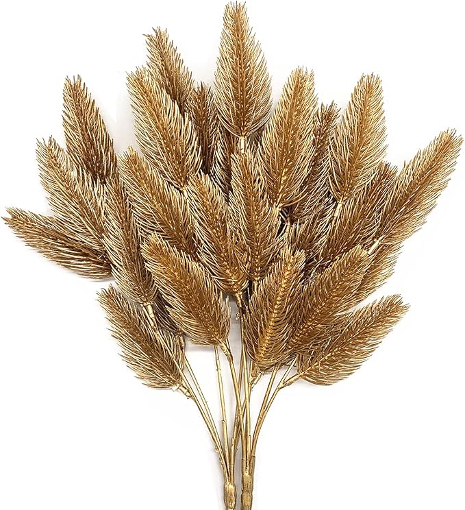 CATTREE Artificial Gold Leaves Plants Plastic Fake Grass Faux Shrubs Simulation Bushes Home Indoor Outdoor Garden Leaf Wedding Festival Decoration Hall Table Planter Filler – Golden Pinecone 2 Pack