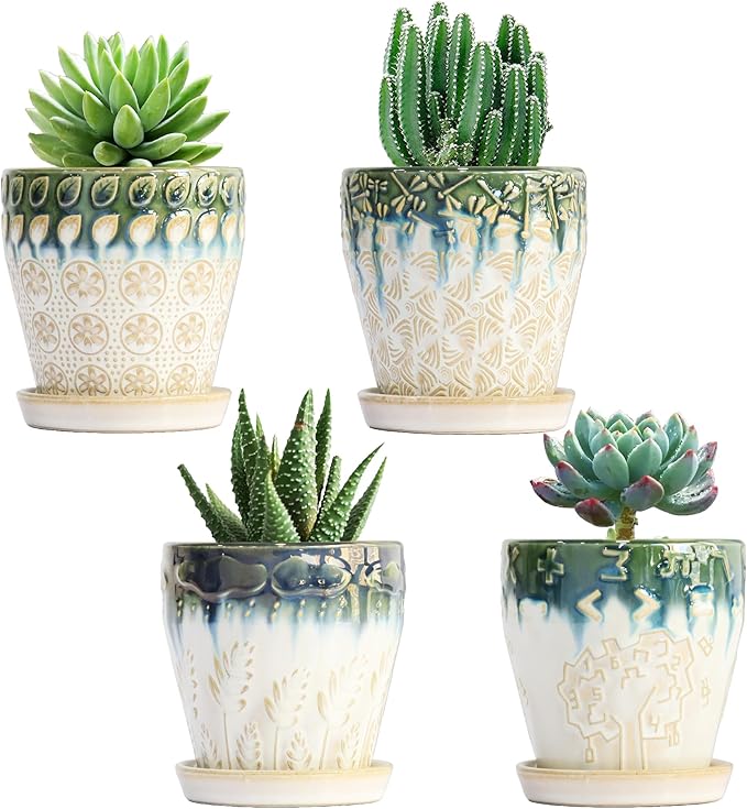 Succulent Planter 4 inch, Succulent Pot with Drainage Holes, Saucers and Mesh Pads for Indoor Plants, Ceramic Pot for Indoor Plants- Set of 4