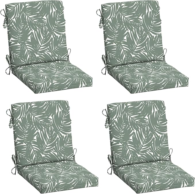 Arden 4-Pack Outdoor Patio Dining Chair Cushion, 20x44, Rain-Proof Seat Pad, Fade-Resistant Outdoor Cushion Sage King Palm