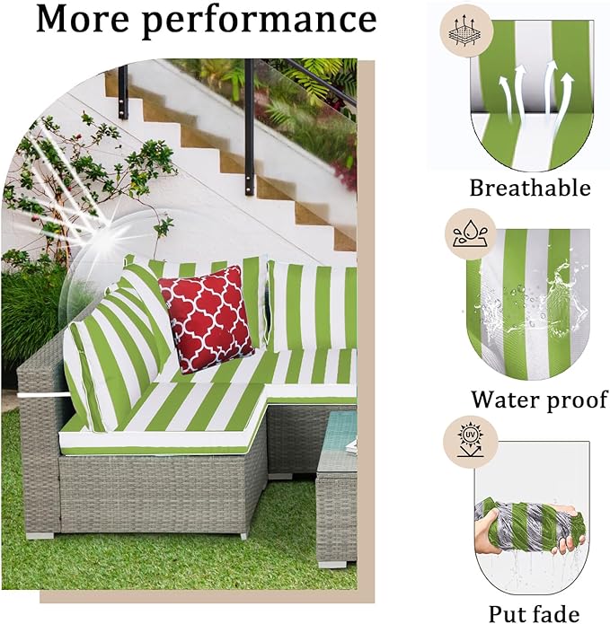14 Pieces Outdoor Sectional Replacement Cushions for Patio Furniture, 4in Thick Outdoor Sofa Cushions for 6 Seat, Waterproof Deep Seat Couch Patio Cushions Set (Light Green and White)