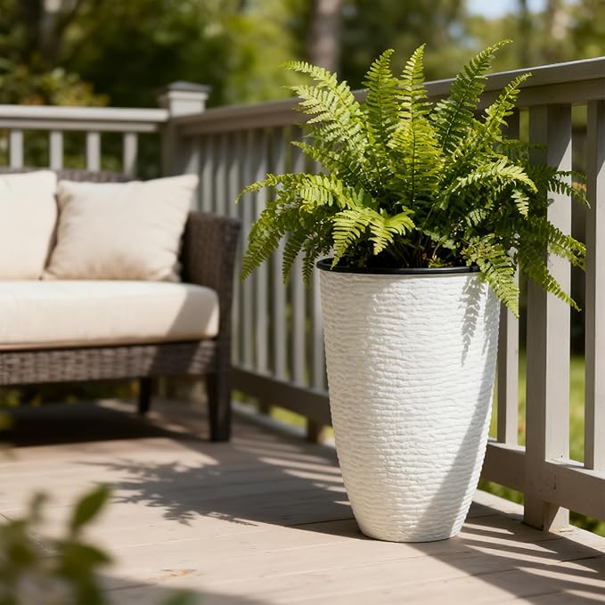 WORTH Garden 2-Pack 21" H. White Tall Planters with Inside Pots - 14'' Dia Plastic Large Round Plant Tree Pots - Decorative Imitation Stone Finish for Indoor Outdoor Front Porch Container Patio