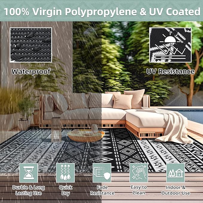 GOTGELIF Outdoor Rug 9x12FT Boho Style, Reversible & Water-Resistance & Portable Plastic Straw Rug for RV Trips, Picnic, Camping, Outdoor, Garden, Patio - White and Black Patio Rug