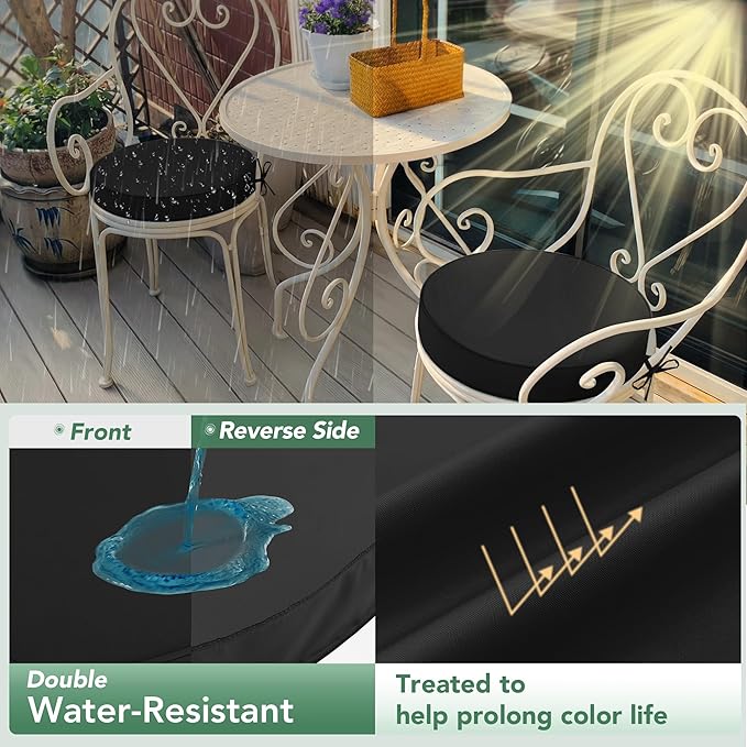 Outdoor Bistro Chair Cushions Set of 2, 15" D x 3" H Round Chair Cushions Waterproof and Fade Resistant Chair Cushion Pads with Non-Slip Ties and Removable Covers for Garden, Black