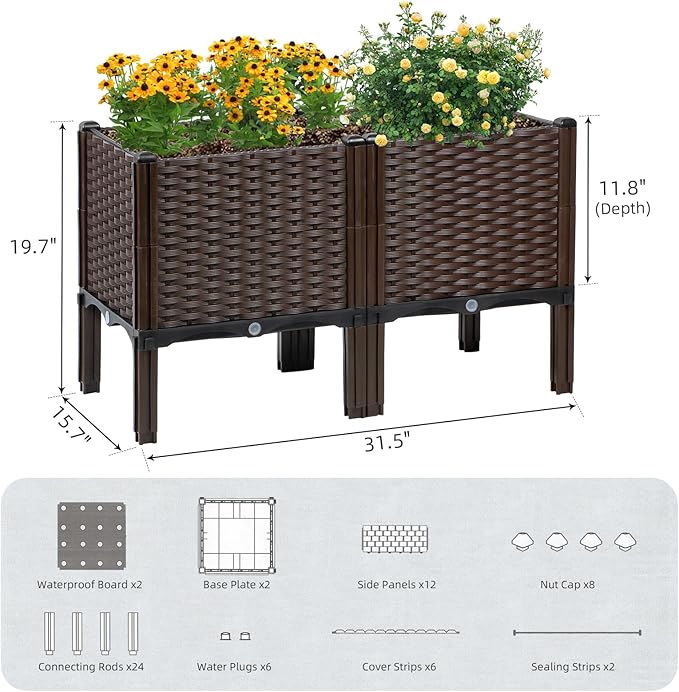 Rattan Raised Garden Bed with Legs-Rectangular Elevated Deep Planters for Outdoor Plants, Self Watering Planter Box 32"L x 16"W x 20"H, Rectangular Deep Garden Bed for Vegetables, Flowers, Herbs