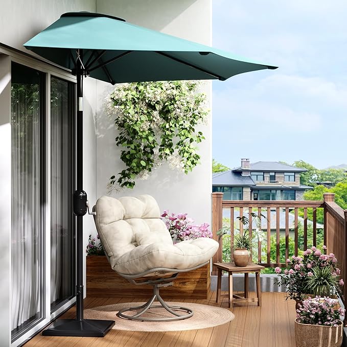 Garvee Patio Umbrella 9FT - Half Umbrella Outdoor with Smooth Crank Lift, Outdoor Shade Canopy for Patio, Backyard, Garden, Deck, Balcony -Turquoise