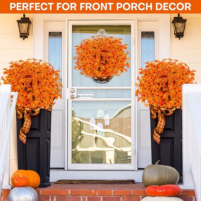 16 Bundles Artificial Mums for Outdoors Garden Home Decoration Fake Mums Decoration UV Resistant Fake Mums Silk Faux Flower Plastic Plants for Outside No Fade Fall Decor for Front Porch Pot Decor