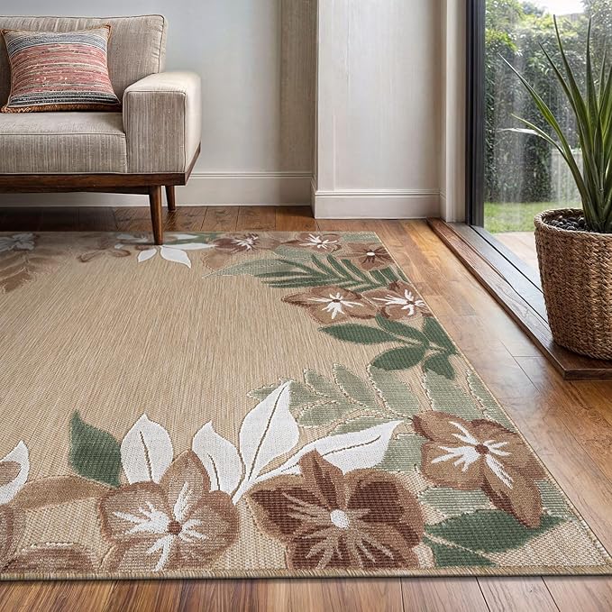 Outdoor Rug 5x7 Washable Area Rugs Indoor Outdoor Carpets Beige Border Floral Non Shedding Waterproof Easy Clean Patio Deck Porch Living Room Bedroom Garden RV (5 X 7 Beige)