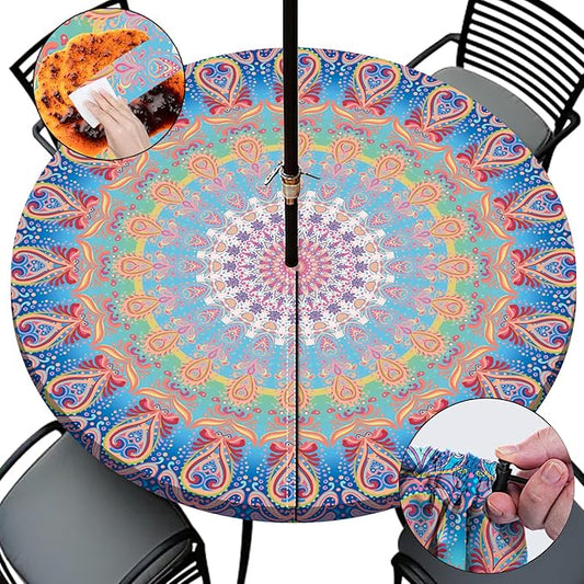Fitted Round Outdoor Table Covers with Umbrella Hole and Zipper Reusable Water Resistant Tablecloths for 36-44" Tables Glamping Car Road Trip Gear Retirement Gift for Mom Dad Grandpa Grandma