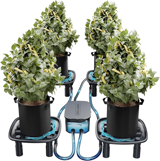 MARS HYDRO Auto Drainage System with Water Pump, 4 Elevated Runoff Trays & 4-Pack 5 Gallon Grow Bags, Plant Drainage Saucers for Indoor Plants Grow Tents