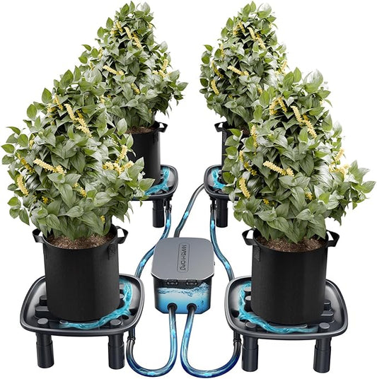 MARS HYDRO Auto Drainage System with Water Pump, 4 Elevated Runoff Trays & 4-Pack 5 Gallon Grow Bags, Plant Drainage Saucers for Indoor Plants Grow Tents