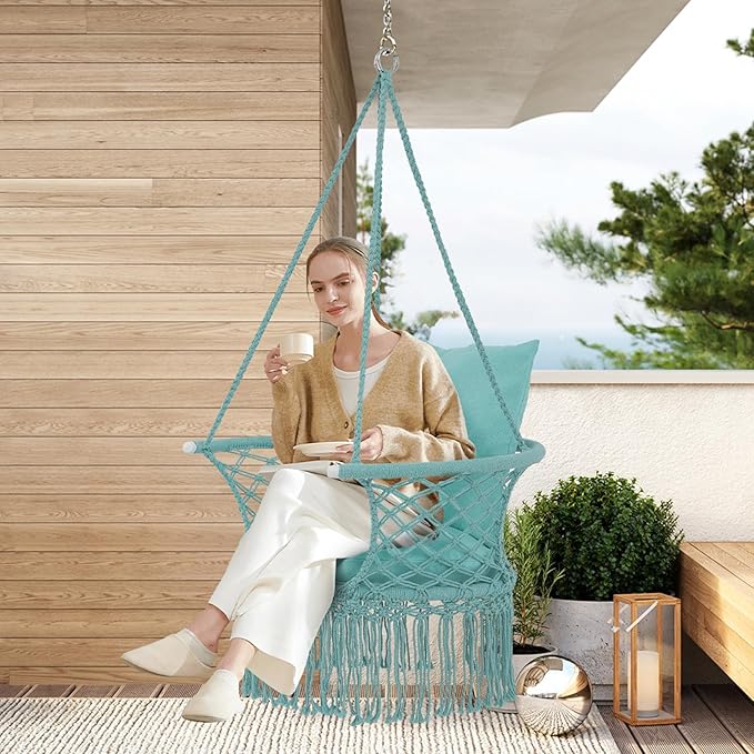 Athena Collection Hammock Swing Chair with Cushion, Outdoor Macrame Chair with Mounting Hardware, Max 350 Lbs, Large Cotton Rope Hanging Chair for Outdoor Indoor Porch Garden, Green