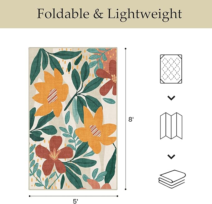 GENIMO Indoor Outdoor Area Rug 5'x8', Machine Washable Rugs for Patio, Waterproof, Non-Slip Easy Cleaning Floral Outdoor Mat Carpet for Living Room, Bedroom, RV, Balcony, Deck, Camping,Sage Orange