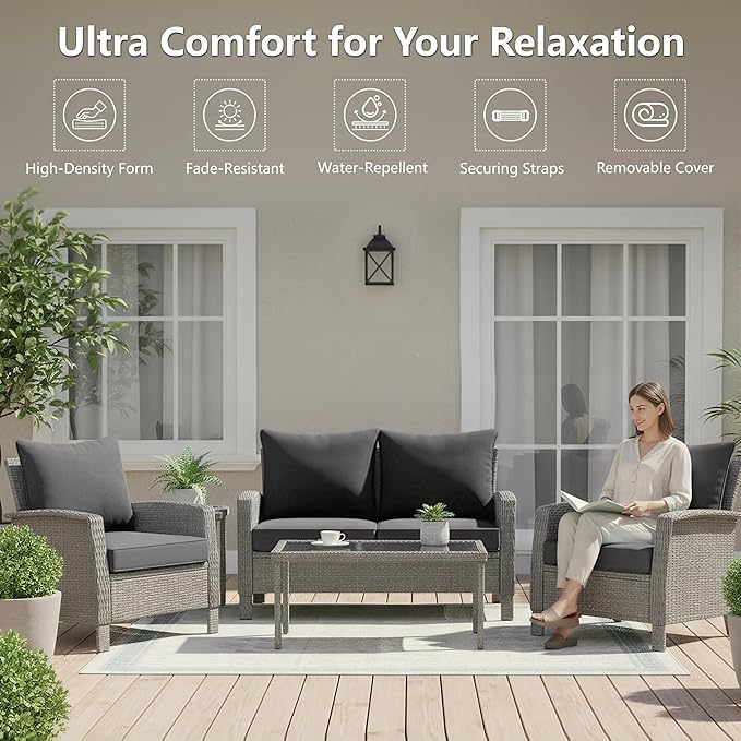 24x24 Inch Outdoor Chair Cushions Set of 4, Patio Furniture Cushions - Removable Cover, Water-Repellent, Fade-Resistant, Non-Slip Bottom & Straps, Replacement for Deep Seat Sofa & Couch - Dark Grey