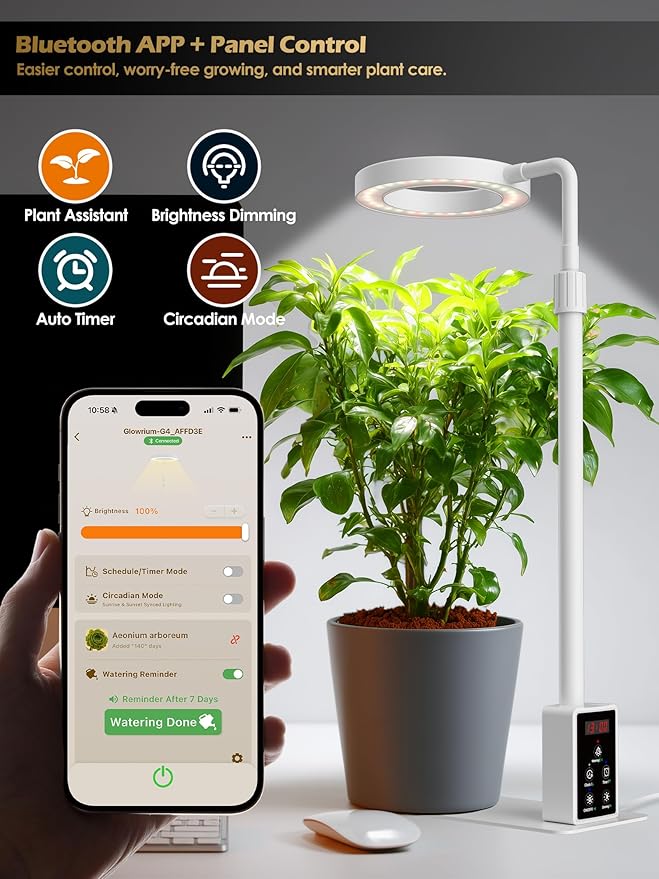 Smart Grow Lights for Indoor Plants, Plant Light with Auto-Timer, Full Spectrum LED Grow Light, Adjustable Height & Stepless Dimming,Plant Assistant Suitable for Most Plants (White, 8W)