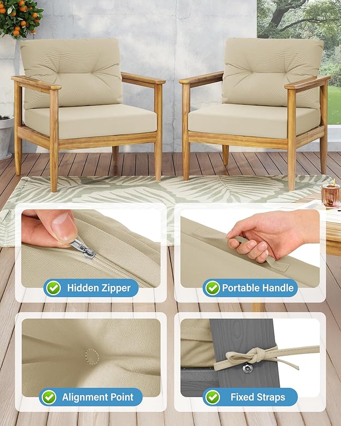 YEFU Olefin Outdoor Chair Cushions: Fade Resistant Outdoor Seat Cushion 24 x 24 - All Weather Patio Furniture Cushion with Ties - Deep Seat Patio Cushions for Chair Sofa Couch(Beige)