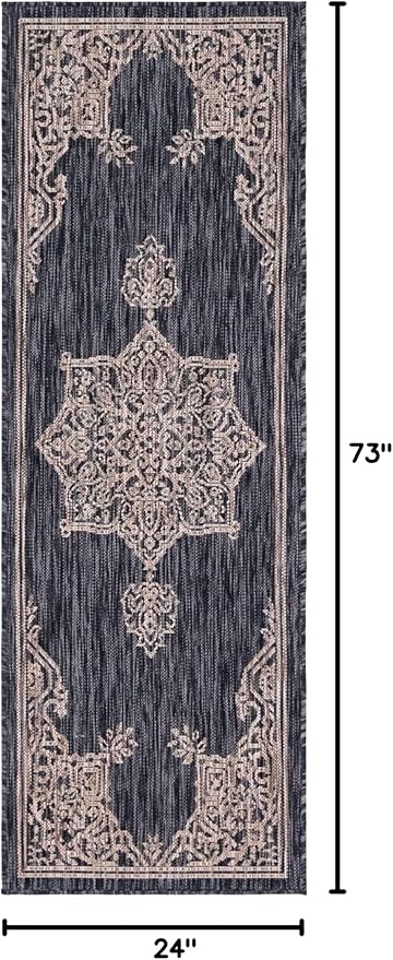 Unique Loom Outdoor Traditional Collection Area Rug - Antique (2' x 6' 1" Runner, Charcoal Gray/ Natural)