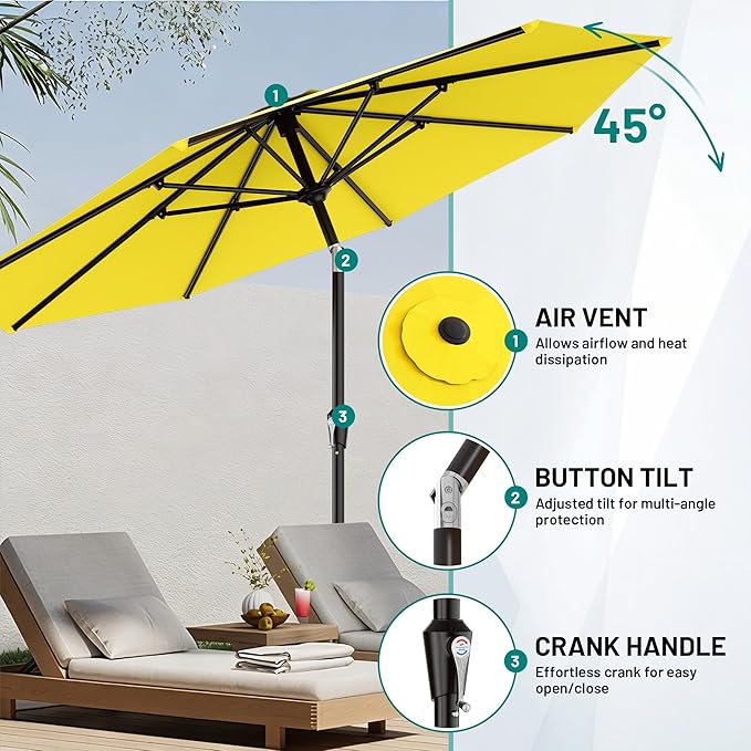 AreShark 9 FT Patio Umbrella for Outdoor, Outdoor Table Umbrella with Push Button Tilt and Crank, Outdoor Patio Umbrellas with 8 Sturdy Ribs for Market, Garden, Pool (Yellow)