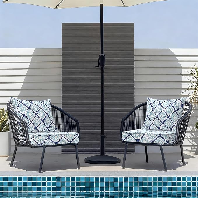Outdoor Deep Seat Cushion Set, Water Repellent 22"x22" Patio Thick Cushions Replacement with Seat & Back Pillow for Patio Sofa, Wicker Chair, Couch - Boho Geometry Blue