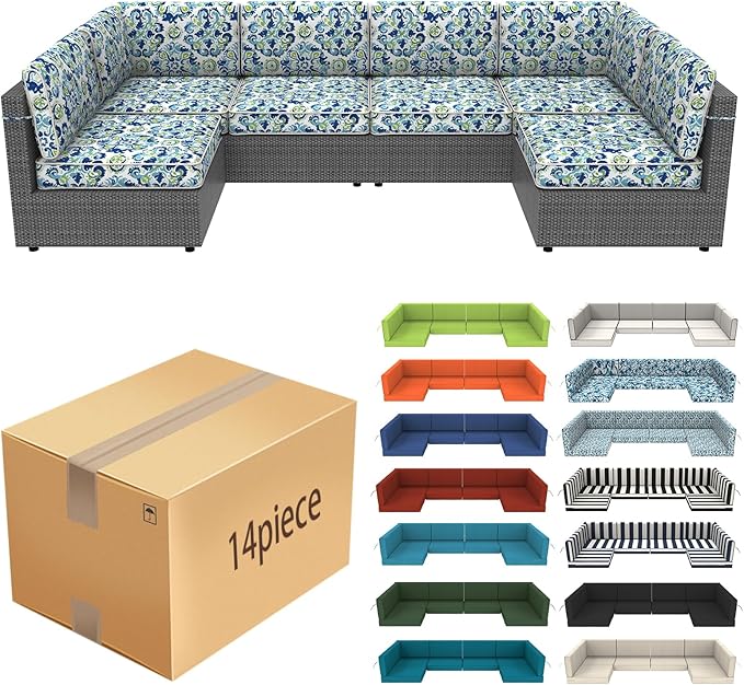 14 Pcs Outdoor Replacement Cushions for Patio Furniture, All Weather Water Resistant Cushion for 6 Seat Rattan Wicker Sectional Patio Conversation Sets and Couch (Summer Ocean)