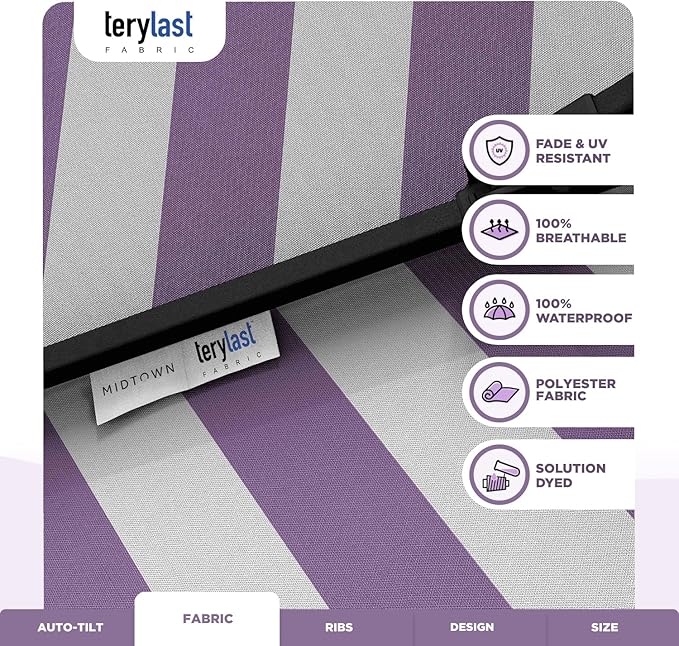 Midtown Umbrellas - 10-Year-No-Fade 9 Ft Patio Umbrella with Terylast Fabric, Auto-Tilt Aluminum Frame and 8 Reinforced Ribs for Deck, Pool, Garden & Beach - Purple Stripe Canopy, Black Pole