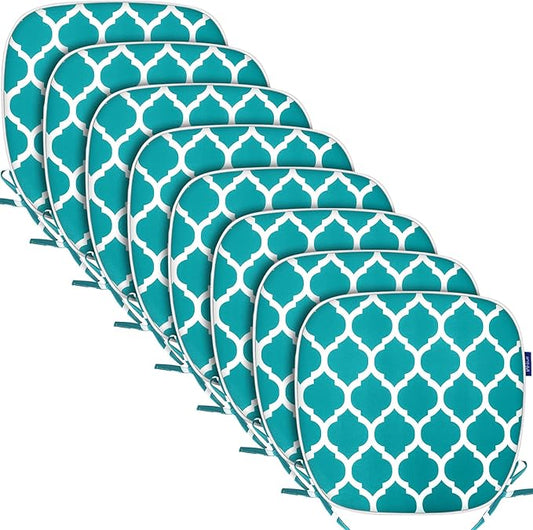 SleepMan Outdoor 17"x16" Chair Cushions with Ties Set of 8, Water Resistant All Weather U-Shape Seat Pads for Patio Garden Furniture Indoor Fade Resistant Patio Cushions (Aqua Plaid)