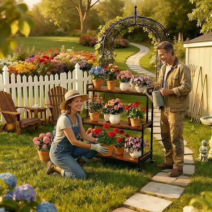 Flower Cart Display Stand with Wheels - Solid Wooden Plant Stand Shelf Outdoor - 3 Tier Patio Rolling Flower Stand - Ladder Folwer Holder Stand 37''x31'' for Florist, Garden, Wedding, Living Room, Walnut