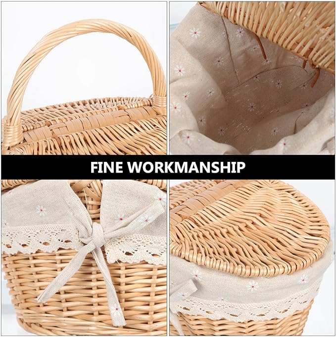 Sosoport Woven Rattan Picnic Basket with Lid and Handle, 1pcs Tote Storage Basket for Fruit and Vegetable Holder, Rustic Outdoor Picnic Accessory for Home and Garden