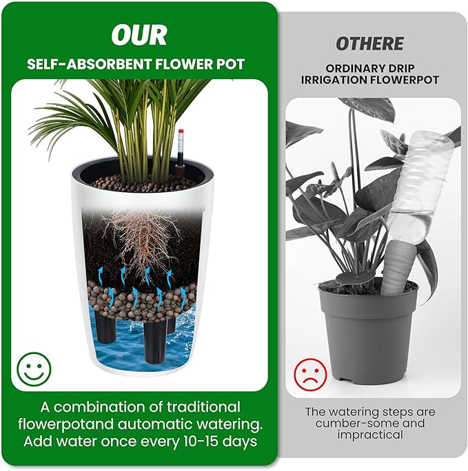 16" Tall Planter Set of 2, Self Watering Pots with Built-in Drainage and Water Level Gauge, Large Planter Pots for Garden, Patio, Balcony, Lounge, White