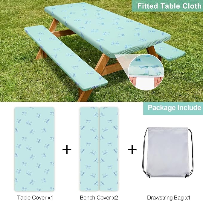 Play Tailor Picnic Table Cover with Bench Covers Camping Essentials Waterproof Windproof Camping Tablecloth with Drawstring Bag, Fitted Rectangle Tables and Seats, 72in, Blue Bow