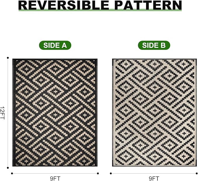 RURALITY Outdoor Rugs 9x12 Feet for Patios Clearance,Plastic Straw Waterproof Mats for Backyard,Porch,Deck,Balcony,Black&Beige