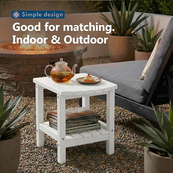 PASAMIC 2-Tier Adirondack Oval Outdoor Side Table, HDPE Small Outdoor Table, Patio End Table for Patio, Backyard, Weather-Resistant (White)