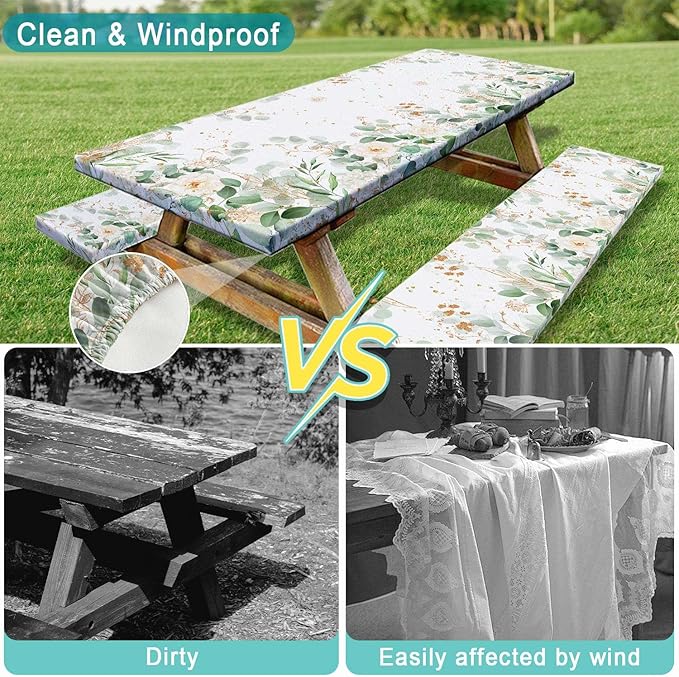 Picnic Table Cover with Bench Covers and Bag, Outdoor Waterproof Windproof Tablecloth with Elastic Edges, Camping Accessories RV Gear Campers 72x30 Inches 3 Pcs Set, Sage Green Eucalyptus Leaves