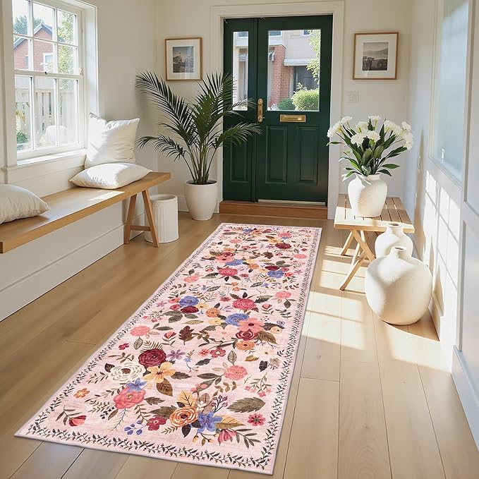 Rug for Hallways Beige Kitchen Rug 2x8, Non Slip Washable Rugs with Rubber Backing Soft Floral Carpet Runner for Hallways, Kitchen, Laundry, Bedroom, Bathroom (2 x 8, Beige/Pink Lawn)