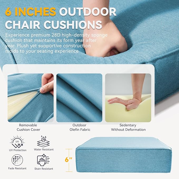Outdoor Cushion Set for Patio Furniture, UV Resistant, Water Resistant - 6 Inch Thick Dual Layer Back Support Cushions– 24x24 Inch Patio Seat Covers for Chair/Sofa/Couch | Light Blue | 3-Pack |